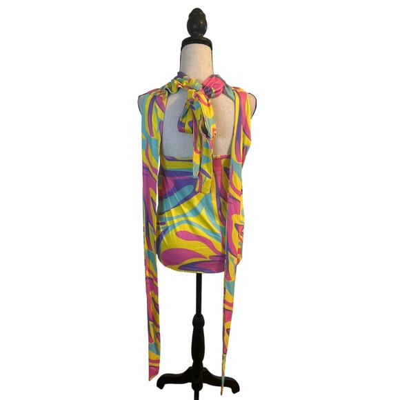 NWOT Vintage Look Mod Abstract Print Women's Halter Top Back Ties Size Large - Picture 2 of 5